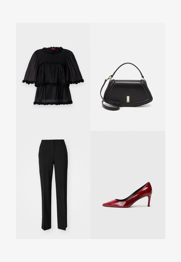 Sort let bluse med rund udskæring, korte pufærmer og tre tierede flæser udsmykket med en blomsterkant.; Sorte skræddersyede bukser med lige ben-design, der har en glat tekstur og skarpe folder langs fronten. Ingen synlige hardware.; Rød laklæder højhælet sko med spids tå og slank hæl. Glat tekstur med en blank finish og sort indvendig foring.; Sort læderhåndtaske med en struktureret design, der har en kortet form, tophåndtag og guld hardware-accenter. Justerbar skulderrem inkluderet.