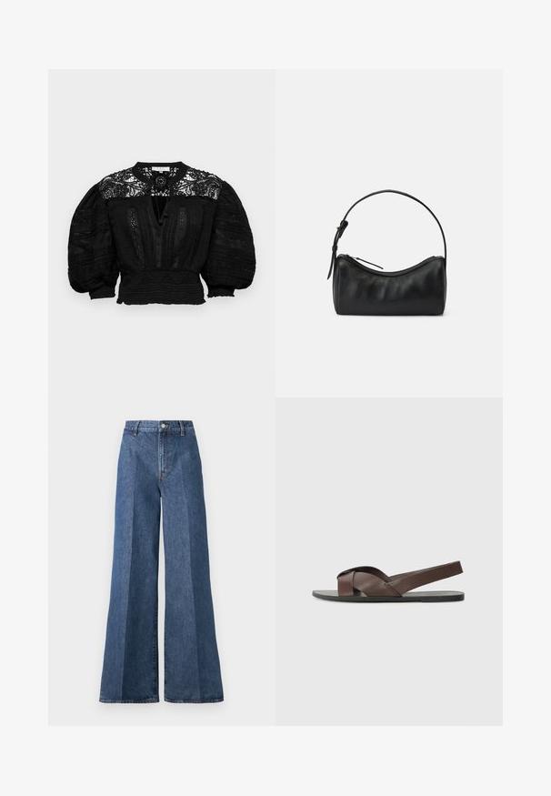 Blusa nera con dettagli in pizzo intricati, maniche a sbuffo voluminose, tessuto testurizzato e vita aderente con cuciture decorative.; Jeans in denim blu a gamba larga con vita alta, caratterizzati da un classico stile a cinque tasche e chiusura con bottone, realizzati in tessuto di cotone testurizzato.; Sandalo in pelle marrone con design a cinghia incrociata, suola nera piatta e cinturino posteriore regolabile. Texture liscia e dettagli hardware minimi.; Borsa a tracolla in pelle nera con un design curvo, chiusura a zip e una tracolla sottile. Presenta una texture liscia e dettagli di cucitura discreti.