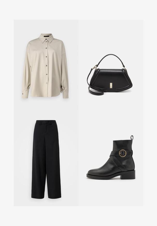 DRYKORN LYSILA - Button-down blouse - brown; Black wide-leg trousers made of smooth fabric, featuring a flat-front design, pleated details, and belt loops at the waistband.; BOSS IRYNA BOOTIE - Platform ankle boots - black; Black leather handbag with a structured design, featuring a cropped shape, top handle, and gold hardware accent. Adjustable shoulder strap included.