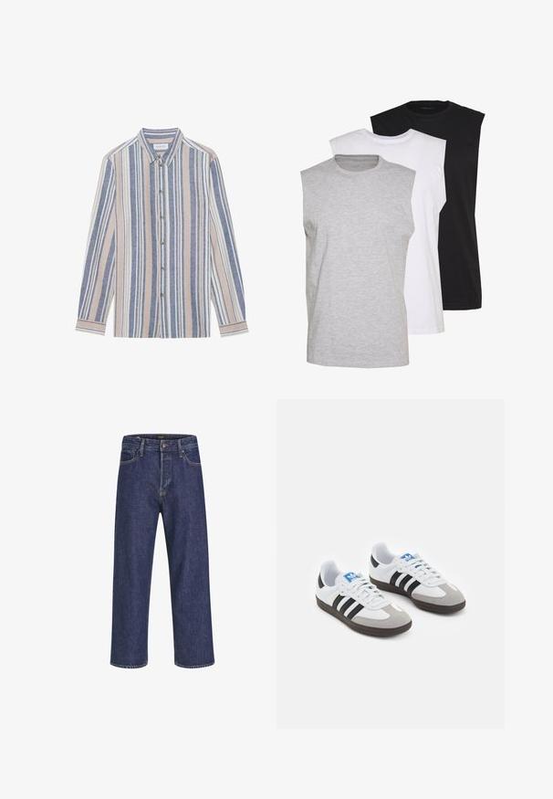 Skjorte med lange ærmer, der lukkes med knapper, og som har lodrette striber i blå, beige og hvid. Fremstillet af et tekstureret stof, med krave og metalknapper.; Tre ærmeløse t-shirts i grå, hvid og sort. Blødt bomuldsmateriale med rund hals og afslappet pasform. Enkel design, ingen mønstre.; Mørkeblå denimjeans med lige snit, fem-lomme design, metalknaplukning og kontrasterende syninger, der har en subtil tekstur.; Sportsko med en overdel i hvid læder, grå ruskind på tåen og tre sorte striber. Har et blåt logo på tungen og en struktureret gummisål.