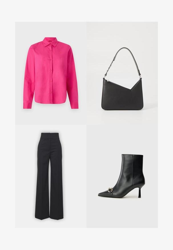 Rosa skjorte med knapper og lange ermer, krage og brodert logo. Glatt tekstur med en solid, livlig farge. Klassisk design.; Bredde benbukser i svart stoff med høy midje, med en ren finish og glatt tekstur. Ingen synlige detaljer eller mønstre.; Sorte lær ankle boot med spiss tå, slank mid-høyde hæl og sølvspenne på siden mot en enkel bakgrunn.; Svart lærveske med trekantet form, en slank stropp og sølvfarget detaljer. Har glidelåslukking og preget logo på forsiden.