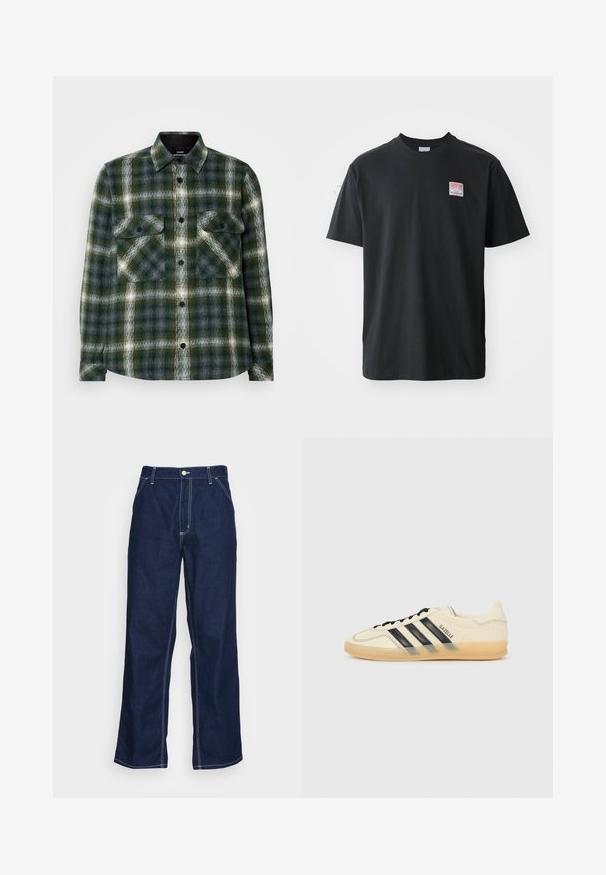 Flanellskjorta i mörkgrön och grå rutmönster. Har två bröstfickor, svarta knappar och en klassisk krage. Mjuk textur.; Svart bomullströja med rund halsringning, korta ärmar och en liten färgad etikett på vänster bröst med ordet "SUPERIOR."; Mörkblå denimbyxor med vida ben, hög midja, framfickor och kontrasterande vit sömnad längs sömmarna.; Ljust krämfärgad sneaker med svart tre-stripesdesign, strukturerad ovandel, rund tå och gummisula. Har snörning och varumärke på sidan.