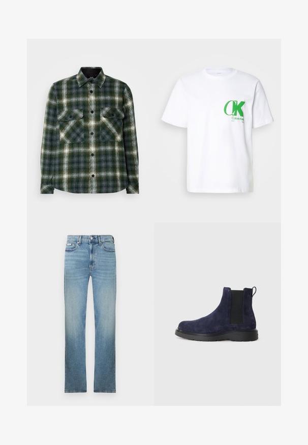 Flanellskjorta i mörkgrön och grå rutmönster. Har två bröstfickor, svarta knappar och en klassisk krage. Mjuk textur.; Vit bomull t-shirt med en grön CK-logotyp på vänster bröst. Klassisk rundhalsad design med korta ärmar och rak fåll.; Ljusblå jeans i denim med rak benform, fem fickor och en blekt finish. Har knappgylf och bälteshällor.; Marinblå mocka Chelsea-stövlar med elastiska sidopaneler och en dragflik. Svart gummisula med en texturerad yta för grepp och hållbarhet.