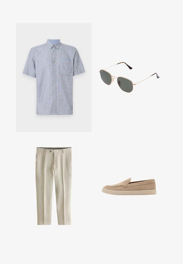 Camicia a maniche corte con bottoni in tessuto a strisce blu chiaro e bianco, con taschino sul petto e bottoni marroni. Design casual e testurizzato.; Polo shirt nero a maniche corte realizzato in tessuto morbido con colletto classico e chiusura a tre bottoni; presenta un orlo dritto sul fondo.; Next SIGNATURE - REGULAR FIT - Pantaloni - neutral; Scarpa slip-on in suede beige con punta arrotondata e dettagli cuciti. Suola in gomma chiara con design a profilo basso.; Occhiali da sole con montatura in metallo dorato e lenti verde scuro, stile aviator, con aste sottili e dettagli in tartaruga sulle punte.