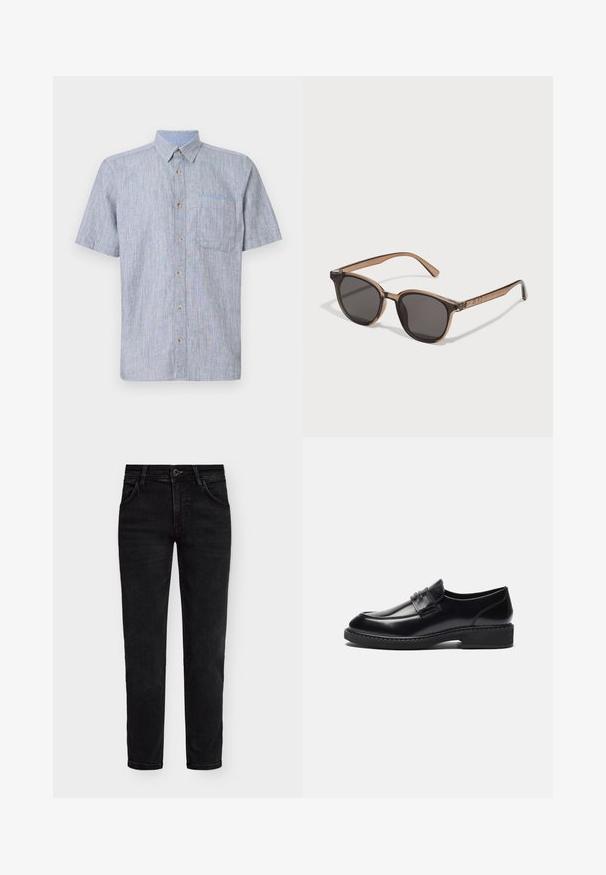 Lyhythihainen nappikauluspaita vaaleansinisen ja valkoisen raidallisen kankaan yhdistelmässä, jossa on rintatasku ja ruskeat napit. Rakenteeltaan rento ja teksturoitu malli.; Viisi lyhythihaista t-paitaa valkoisena, beigeinä, vaaleanharmaana, tummanharmaana ja mustana. Valmistettu sileästä puuvillasta, jossa on pyöreä kaula-aukko.; Mustat farkut, joissa on normaali istuvuus, vetoketjulla ja nappisuljennalla, sekä viisi taskua. Sujuva pinta ja klassinen muotoilu.; Zign LEATHER - Puvunkengät - black; Ruske muPlasticne sunčane naočale s tamnim lećama, okruglog oblika i suženim ručkama. Značajna dekoracija na sljepoočnicama.; Musta viikonloppulaukku, jossa on paksut kahvat ja irrotettava olkahihna. Valmistettu sileästä kankaasta, jossa on vetoketju suljenta ja minimalistinen muotoilu.