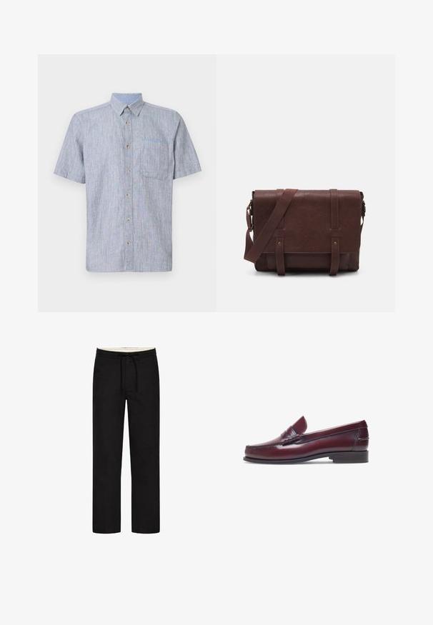 Camicia a maniche corte con bottoni in tessuto a strisce blu chiaro e bianco, con taschino sul petto e bottoni marroni. Design casual e testurizzato.; Pantaloni neri a gamba dritta con vita elasticizzata, coulisse e design sobrio. Texture del tessuto morbida. Nessun motivo o dettaglio visibile.; Mocassino in pelle bordeaux con punta tonda, dettagli cuciti e un piccolo accentu decorativo sulla tomaia. Suola piatta in contrasto.; Borsa a tracolla in pelle marrone con un davanti piatto, due cinghie, dettagli in metallo dorato e una tracolla regolabile.