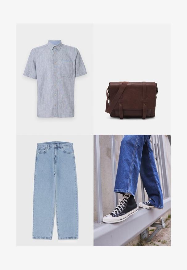Short-sleeve button-up shirt in light blue and white striped fabric, featuring a chest pocket and brown buttons. Textured, casual design.; Light blue denim jeans with straight leg design, featuring a mid-rise waist, five pockets, and a button and zipper closure.; Black high-top sneakers with white sole and laces, paired with loose blue denim jeans, resting on a gray railing.; Brown leather messenger bag with a flat front flap, two straps, gold hardware accents, and an adjustable shoulder strap.
