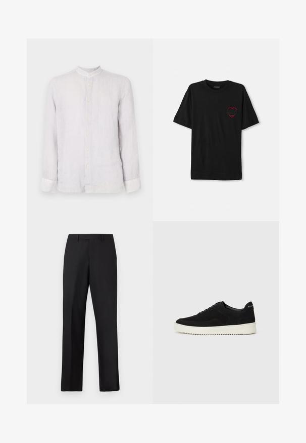 Šviesiai pilka lininė marškinė su ilgomis rankovėmis, su apykakle, priekyje užsegama mygtukais, ir mygtukais užsegamomis rankovėmis. Lygus audinys, laisvas pritaikymas.; Juoda medvilnės marškinėliai trumpomis rankovėmis, su raudonu siuvinėjimu širdelės formos kairėje krūtinės pusėje. Klasikinis apvalus iškirpimas, laisvas modelis.; Juodos, tiesios kojų kelnės iš lygaus audinio. Turi standartinę juosmens juostą ir neturi matomų raštų ar akcentų.; Juodos veliūrinės sportinės bateliai su raištelių dizainu ir kontrastinga balta gumine padais. Yra tekstūruoti šoniniai skydeliai ir subtilus logotipas ant kulno.