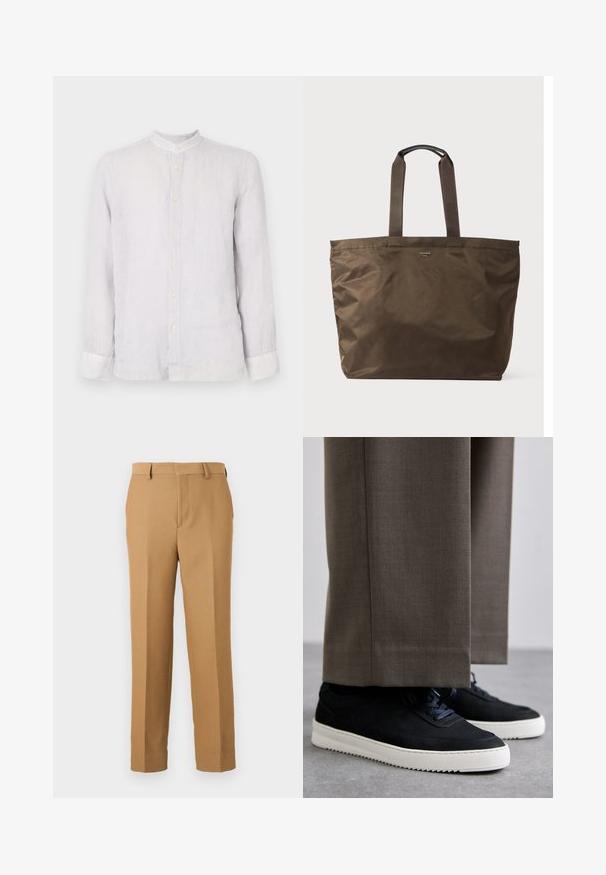 Šviesiai pilka lininė marškinė su ilgomis rankovėmis, su apykakle, priekyje užsegama mygtukais, ir mygtukais užsegamomis rankovėmis. Lygus audinys, laisvas pritaikymas.; Kreminės spalvos kelnės, pagamintos iš audinio, turinčios tiesų kirpimą, lygią priekį ir diržo kilpos. Sklandus paviršius be matomų raštų.; Juodi zomšiniai sportbačiai su baltais guminiais padais, su apvalia nosimi ir raišteliais, dėvimi su pilkais pritaikytais kelnais.; Ruda nailono pirkinių krepšys su dviem audinio rankenomis ir lygiu paviršiumi. Priekyje minimaliai žymėtas prekės ženklu.