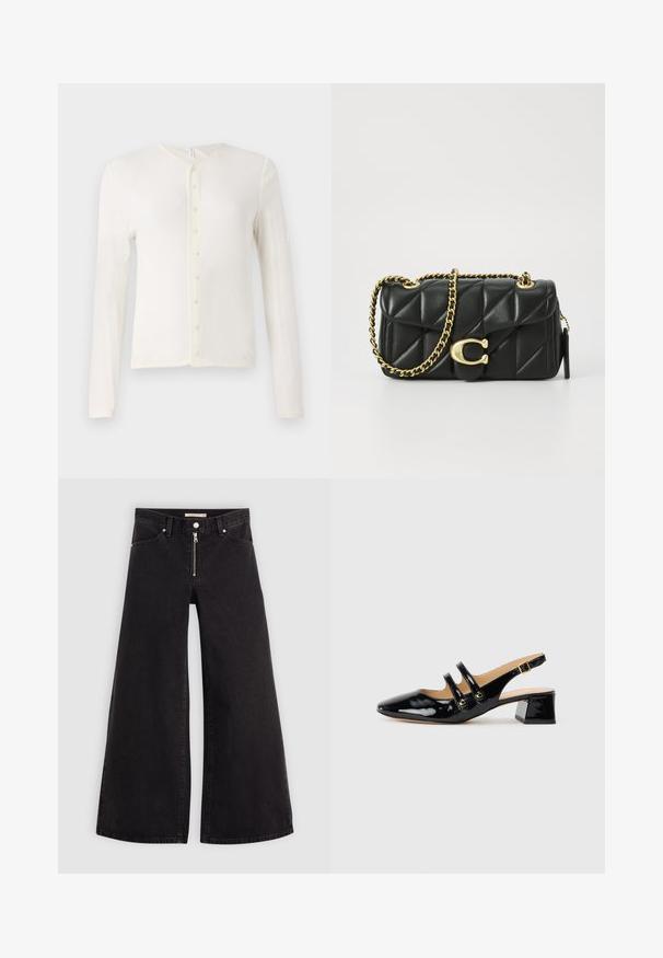 Lange mouw ivoren shirt met een V-hals, voorzien van een knoopsluiting aan de voorkant en een zachte, gladde textuur. Eenvoudig ontwerp, zonder patronen of accenten.; Wijdvallende jeans van zwarte denim met een ritssluiting aan de voorkant, vijf zakken en subtiele stikdetails. Soepele textuur en casual stijl.; Zwarte patenten leren slingback schoenen met een spitse neus, twee bandjes, gouden ronde accenten en een lage blokhak.; Zwarte gewatteerde leren handtas met een gouden kettingschouderband en een toggle-sluiting met een rond accent. Compacte rechthoekige vorm.