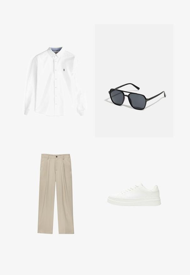 Bílá košile s dlouhým rukávem vyrobená z bavlny, s límečkem na knoflíky, přední lištou s knoflíky a malým námořnickým logem homáře na prsou.; Bílý bavlněný tričko s krátkým rukávem, kulatým výstřihem a malým černým logem na hrudi. Hladká textura a volný střih.; Béžové kalhoty klasického střihu, se jedním černým knoflíkem, poutky na opasek a bočními kapsami. Hladká textilie a minimalistický design.; Bílá teniska s hladkým koženým svrškem, plochými tkaničkami a silnou gumovou podrážkou. Minimalistický design obsahuje jemné švy a bezšvové detaily.; Černé sluneční brýle s osmiúhelníkovým rámem, tmavými čočkami, lesklým povrchem, tenkými nožičkami a zlatými akcenty na přední části.