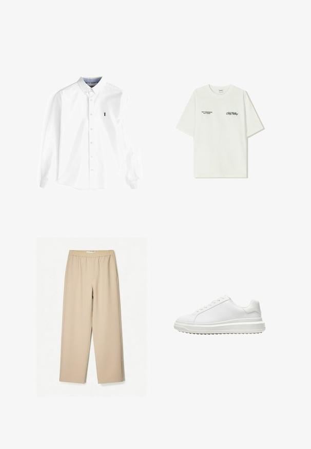 Camicia bianca a maniche lunghe in cotone, con colletto alla francese, pattina frontale con bottoni e un piccolo logo di un'aragosta blu navy sul petto.; T-shirt bianco in cotone con maniche corte. La parte anteriore presenta testo nero: "NON DOMANI NON OGGI" e "L'ARTE DEL MUOVERE LA POLVERE" in corsivo verde.; Pantaloni a gamba larga beige con vita elastica, realizzati in tessuto morbido, caratterizzati da una texture liscia e dettagli di cucitura minimi.; Sneaker bianco con una tomaia sintetica liscia, punta rotonda, lacci piatti, suola testurizzata e un design a piattaforma stratificata per un'altezza extra.