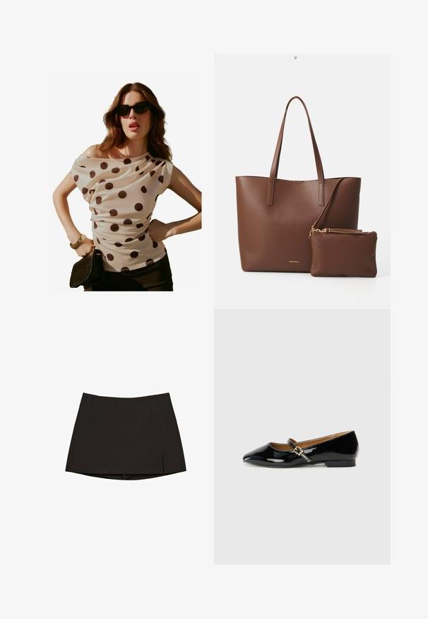 Cremefarvet bluse med polkaprikket mønster, draperet halsudskæring og korte ærmer, parret med en sort clutch og solbriller. Glat, letvægtsstof.; Sort mininine lavet af glat stof, med et lige design, sideslids og en ren kant. Enkel og alsidig.; Sorte patenterede lædersko med spids tå, ankelrem med en guldfarvet spænde og en lav blokhæle. Glat, skinnende overflade.; Brun faux læder tote taske med to lange håndtag og en matchende lille pung. Overfladen har et struktureret mønster og guldfarvede hardware detaljer.