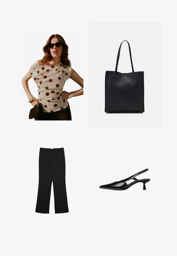 Krämfärgad blus med polka prickar, draperad halsringning och korta ärmar, matchad med en svart kuvertväska och solglasögon. Slät, lättviktsmaterial.; Svarta byxor med rak passform, utrustade med framfickor och sidoklyvningar vid fållen. Tillverkade av mjukt, slätt tyg. Lämpliga för olika tillfällen.; Svart lackläder slingback-klackar med spetsig tå, utskuren sidor och en liten fyrkantig klack. Slät textur med minimala accenter.; Svart lädertoffelväska med slät textur, rektangulär form och två långa handtag. Ingen synlig hårdvara eller dekorationer.