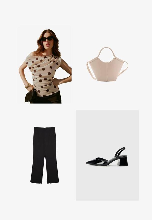 Cremfarbene Bluse mit Polka-Dots, drapiertem Ausschnitt und kurzen Ärmeln, kombiniert mit einer schwarzen Clutch und Sonnenbrille. Glattes, leichtes Material.; Schwarze Hose mit geradem Schnitt, ausgestattet mit Fronttaschen und Seitenschlitzen am Saum. Hergestellt aus weichem, glattem Stoff. Geeignet für verschiedene Anlässe.; Schwarze Lackleder-Slingback-High Heels mit spitzem Schuh und einem geometrischen Blockabsatz. Verfügt über ein schlankes, minimalistisches Design und eine glatte Textur.; Beige Lederhandtasche mit einer einzigartigen Form, die zwei kurze Henkel und einen langen verstellbaren Riemen aufweist. Glatte Textur mit minimalen Hardware-Elementen.