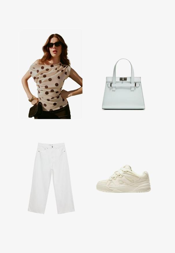 Krémová halenka s puntíky, draped výstřihem a krátkými rukávy, spárovaná s černým psaníčkem a slunečními brýlemi. Hladká, lehká tkanina.; Bílé široké džíny z denimu s vysokým pasem, které mají pět kapes a kovové ozdoby. Hladký povrch, bez viditelných vzorů.; Beige tenisky s texturovaným svrškem, výraznými tkaničkami, síťovinovými panely a silnou podrážkou. Zakřivený design s měkkým límcem pro pohodlí.; Světle modrá kabelka se strukturovaným designem, dvěma držadly a stříbrným kováním. Texturovaný materiál a ostré rohy.
