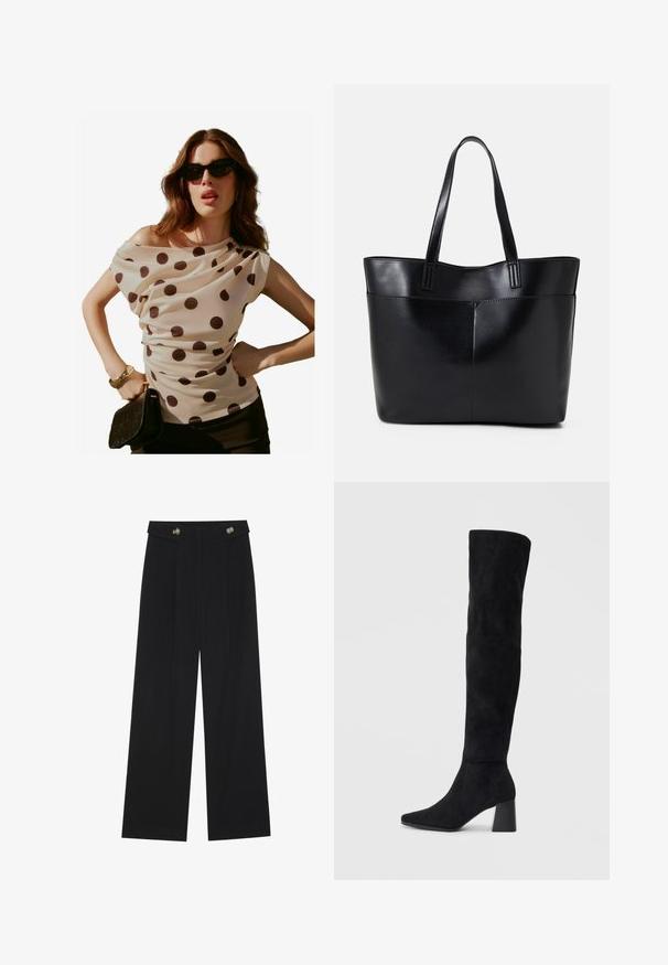 Cremefarvet bluse med polkaprikket mønster, draperet halsudskæring og korte ærmer, parret med en sort clutch og solbriller. Glat, letvægtsstof.; Sorte vide bukser med høj talje, knapdetaljer på taljebåndet og frontfald.; Sorte ruskind støvler i knæhøjde med blokheel, spids tå og glat, sømløs design på en enkel lys baggrund.; Sort læder tote taske med to lange håndtag, en glat tekstur og en struktureret form. Har en forlommem for ekstra opbevaring.