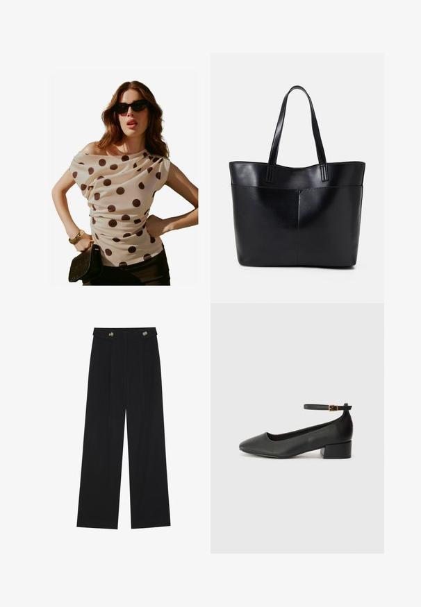 Crème blouse met polka dots, een gedrapeerde halslijn en korte mouwen, gecombineerd met een zwarte clutch en zonnebril. Soepele, lichtgewicht stof.; Zwarte wijde broek met hoge taille, knoopdetails op de tailleband en plooien aan de voorkant.; Zwarte leren pump met een spitse neus en een lage blokhak. Beschikt over een enkelband met een goudkleurige gespsluiting. Gladde textuur.; Zwarte leren tote bag met twee lange handvatten, een zachte textuur en een gestructureerde vorm. Voorzien van een voorvak voor extra opslagruimte.