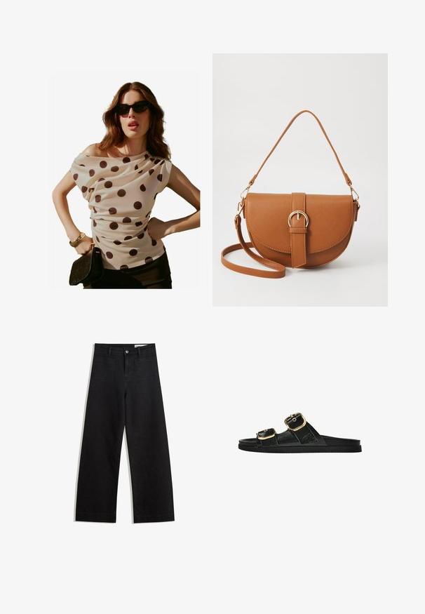 Kermainen pallohaalari, jossa on roikkuva kaula-aukko ja lyhyet hihat, yhdistettynä mustaan laukkuihin ja aurinkolaseihin. Sujuva, kevyt kangas.; Mustat leveät farkut korkealla vyötäröllä, joissa on etu- ja takataskut, ommellut saumat ja nappisuljenta. Silkinoinen rakenne.; Musta liukusandaali, jossa on kaksi kultaisesta solkesta tehtyä korostusta, sileäpintainen materiaali, litteä pohja ja minimalistinen muotoilu.; Ruskean nahkainen olkalaukku, jossa on kaareva muoto, kultaiset yksityiskohdat ja solkiyksityiskohta. Varustettu irrotettavalla olkahihnalla.