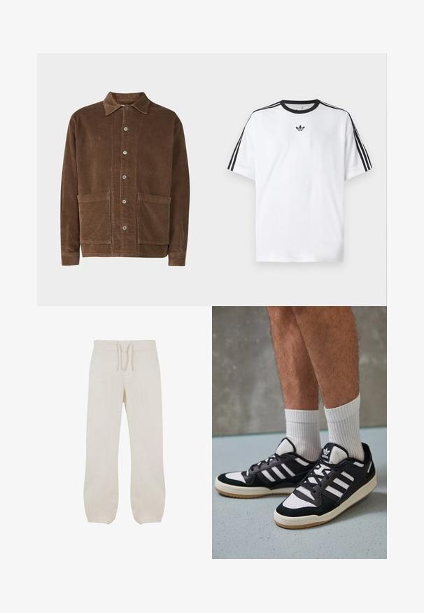 Jack & Jones PREMIUM JPRBLUPRESTON  - Ing - shitake; Fehér pamut póló, fekete kerek nyakkal, mindkét vállán három fekete csíkkal. Kis fekete logó a mellkason.; Világos bézs len nadrág, részben gumis derekkal és zsinórral. Egyenes szárú dizájn, sima textúrával és enyhe szűküléssel a bokák felé.; Fekete-fehér tornacipők velúr és bőr felsőrésszel, három fehér csíkkal, perforált orral és gumi talppal.