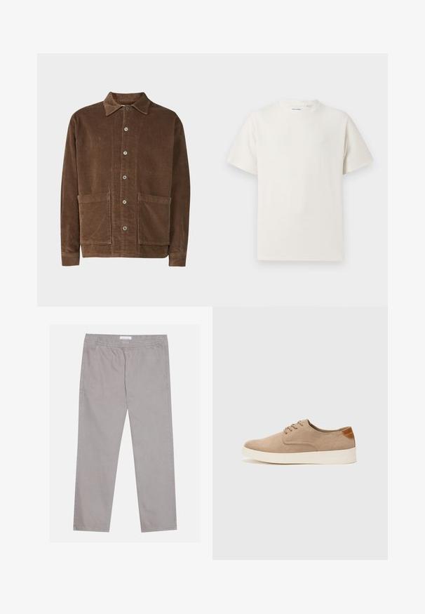 Jack & Jones PREMIUM JPRBLUPRESTON  - Πουκάμισο - shitake; Λευκή κοντομάνικη μπλούζα με ριγωτή υφή. Στρογγυλή λαιμόκοψη, χαλαρή εφαρμογή, χωρίς ορατά σχέδια ή λεπτομέρειες. Απλός και ευέλικτος σχεδιασμός.; Απαλά γκρι παντελόνια από βαμβάκι με ελαστική μέση, δύο πλαϊνές τσέπες, ευθεία γραμμή και λεία υφή. Απλή ραφή.; Μπεζ σουέντ αθλητικά παπούτσια με στρογγυλή μύτη, κορδόνια και υφή στην πίσω πλευρά. Λευκή καουτσούκ σόλα προσφέρει αντίθεση. Απλός και μοντέρνος σχεδιασμός.