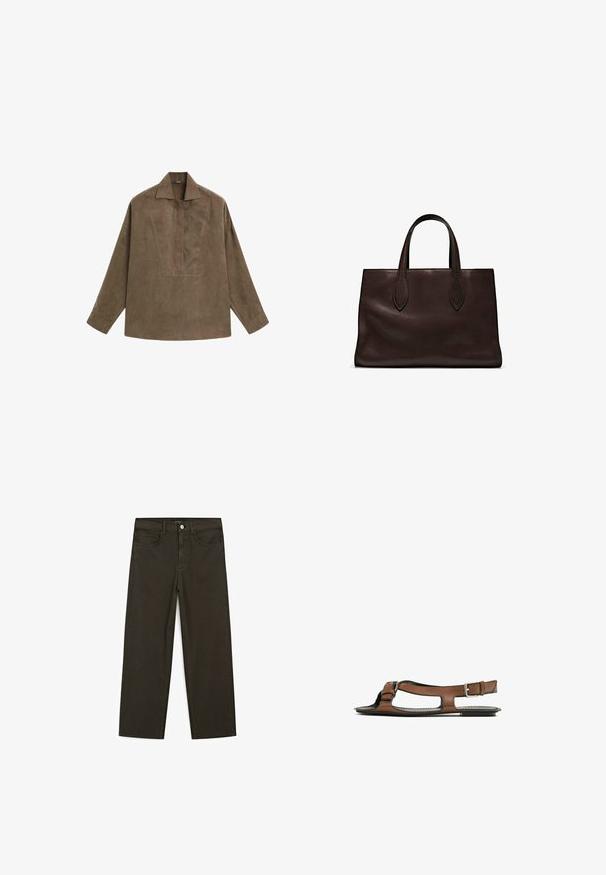 Braunes Wildleder-Pulloverhemd mit klassischem Kragen, langen Ärmeln und einem Frontschlitz-Design. Glatte Textur mit subtiler Schattierung.; Dunkelgrüne Jeans im weit geschnittenen Style, hergestellt aus einem Baumwollgemisch. Sie verfügen über einen Frontknopfverschluss, fünf Taschen und klassische Denim-Nähte.; Braune Leder-Sandale mit offener Zehenpartie und seitlichen Ausschnitten. Sie verfügt über einen Knöchelriemen mit einer metallischen Schnalle und eine flache Sohle.; Braune Ledertasche mit zwei langen Griffen, strukturierte rechteckige Form, glatte Textur und dezente Nähdetails.