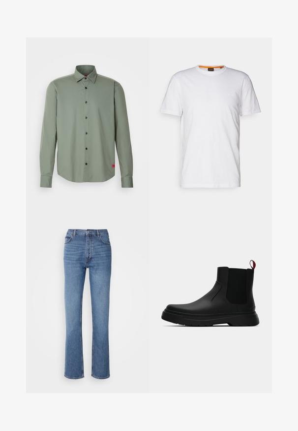 Camisa abotonada en verde oliva, fabricada con un tejido suave. Presenta mangas largas, botones negros y una pequeña etiqueta de acento rojo en el dobladillo.; Camiseta de algodón blanca con cuello redondo, mangas cortas y un sutil logo en relieve en el pecho. La etiqueta interior tiene un acento naranja.; Jeans de mezclilla azul con cintura alta, diseño de pierna recta y un ligero desgaste. Presentan un estilo clásico de cinco bolsillos y un cierre de cremallera.; Botín negro con un acabado liso, paneles laterales elásticos y una lengüeta de tirón roja contrastante, que presenta una suela de goma gruesa y punta redondeada.