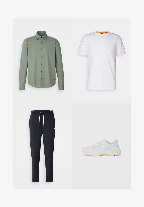 Chemise à boutons en vert olive, fabriquée dans un tissu lisse. Présente des manches longues, des boutons noirs et une petite étiquette rouge en accent au bord.; T-shirt en coton blanc avec un col rond, des manches courtes et un logo en relief subtil sur la poitrine. L'étiquette intérieure a une touche d'orange.; Pantalons de jogging slim-fit noirs avec cordon blanc, taille élastique avec rayures blanches et petit logo blanc sur la cuisse supérieure.; Baskets de sport blanches en mesh et en daim, avec une semelle intermédiaire texturée, des accents texturés et le logo "HUGO" sur le côté.