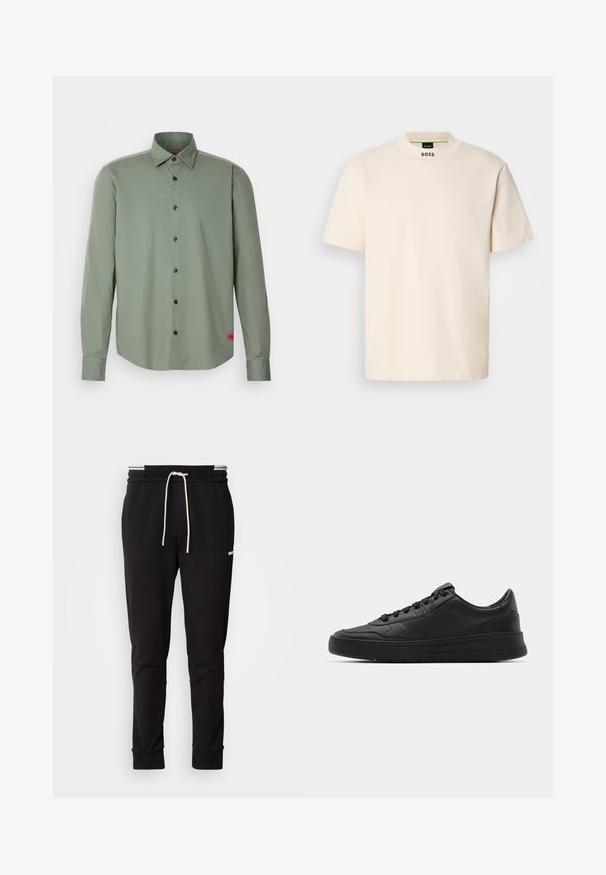 Camicia button-up di colore verde oliva, realizzata in tessuto liscio. Presenta maniche lunghe, bottoni neri e una piccola etichetta rossa sul bordo.; Maglietta a maniche corte color crema con colletto alto, con la scritta "BOSS" stampata in nero sulla parte anteriore del collo e sull'etichetta interna.; Pantaloni jogger slim-fit neri con cordoncino bianco, polsini a coste e logo discreto sulla coscia contro uno sfondo uniforme.; Sneaker nera con tomaia in pelle liscia, punta rotonda, lacci piatti, collare imbottito e design minimalista. Suola in gomma con un delicato motivo a rilievo.