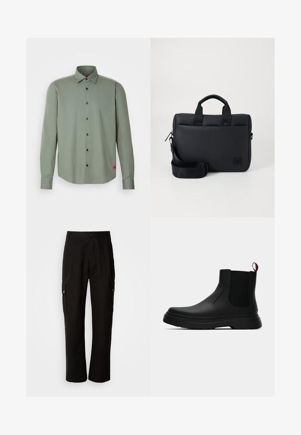 Srajca z gumbi v olivno zeleni barvi, izdelana iz gladkega blaga. Ima dolge rokave, črne gumbe in majhno rdečo oznako na robu.; Črne cargo hlače iz bombaža z sproščenim krojem, opremljene s stranskimi žepi, gumbom za zapiranje in ravnimi nogami. Preprost dizajn brez vzorcev.; Črne gležnjarje z gladkim zaključkom, elastičnimi stranskimi paneli in kontrastnim rdečim izvlečnim trakom, ki vključujejo debel gumijast podplat in zaobljen nos.; Črn teksturiran laptop nahrbtnik z dvema zgornjima ročkama, odstranljivo naramnico, zadrgo in majhnim logotipom za blagovno znamko.