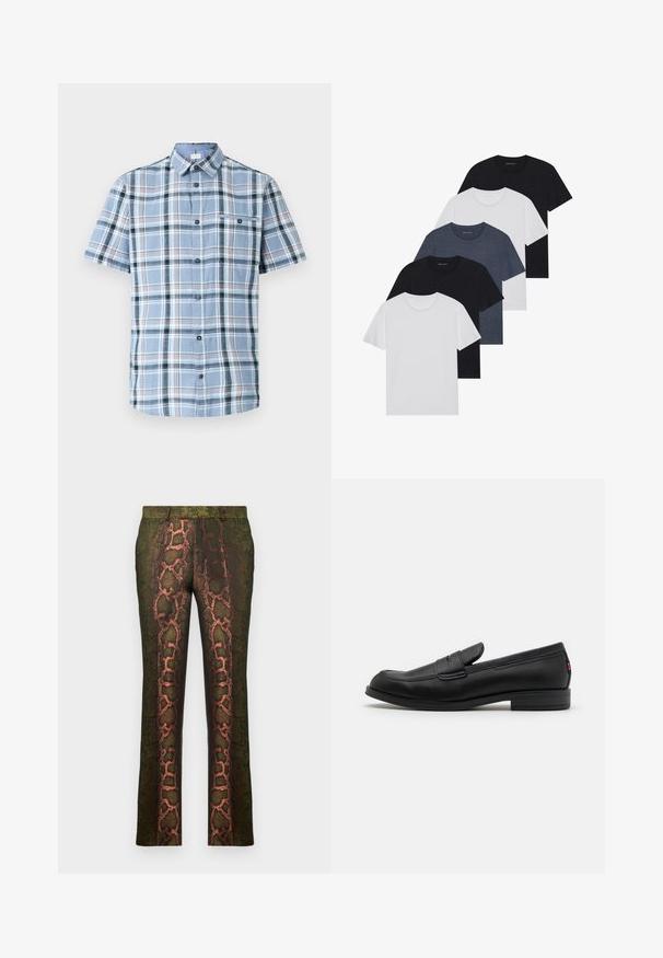 Camicetta a maniche corte con bottoni in un plaid azzurro chiaro, con accenti blu scuro, bianchi e rossi. Presenta una tasca sul petto e una texture liscia.; Set di cinque t-shirt in nero, bianco e blu navy. Tessuto di cotone, maniche corte, design a collo rotondo e texture semplice senza motivi.; Pantaloni verdi a fantasia con motivo a pelle di serpente in tonalità di marrone e arancione, taglio dritto e texture liscia.; Mocassini in pelle nera con finitura liscia, punta arrotondata e una piccola pattina decorativa. Presentano un tacco basso e impilato e un sottile dettaglio di branding.