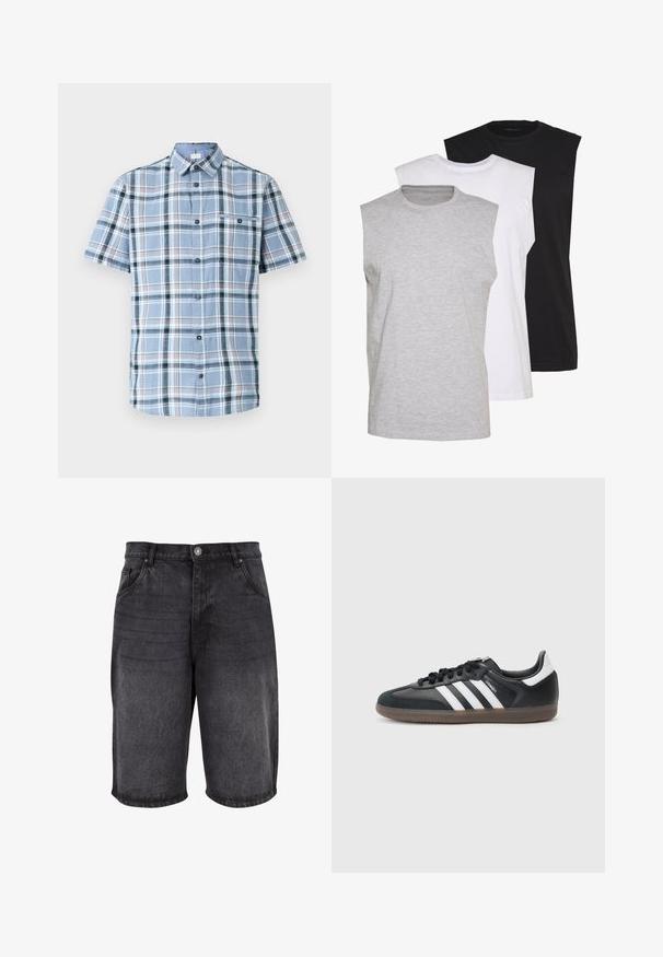 Kratek rokav s srajčnim zapiranjem v svetlo modrem karirastem vzorcu z temno modrimi, belimi in rdečimi poudarki. Ima žep na prsih in gladko teksturo.; Tri brezrokavne majice v sivi, beli in črni barvi. Mehka bombažna tkanina s krojnim ovratnikom in sproščenim fit. Enostavna zasnova, brez vzorcev.; Črne denim kratke hlače z udobnim krojem, petimi žepi in gumbom za zapiranje. Tkanina ima gladko teksturo z rahlim bledenjem.; Črne sintetične superge z belimi tremi črtami, teksturiran podplat za boljši oprijem in črnimi vezalkami. Nizka športna oblika.