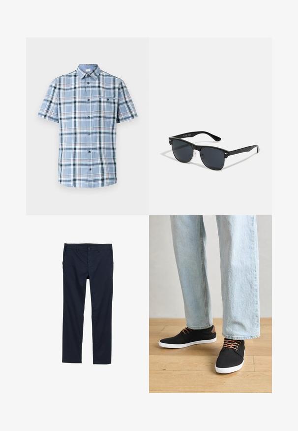 Košela na gombíky s krátkym rukávom v svetlom modrom károvanom vzore s tmavomodrými, bielymi a červenými akcentmi. Obsahuje vrecko na hrudi a má hladkú textúru.; Námořnické modré lehké kalhoty s hladkým povrchem, rovnými nohavicemi, zapínáním na knoflík a bočními kapsami.; Čierne plátenné tenisky s hnedými akcentmi, bielymi gumovými podrážkami a hnedými šnúrkami, skombinované so svetlomodrými rovnými džínsami. Pozadie s drevenou podlahou.; Čierne slnečné okuliare s obdĺžnikovým tvarom, tmavými sklami, striebornými akcentmi na bočných okrajoch a matným povrchom rámu.