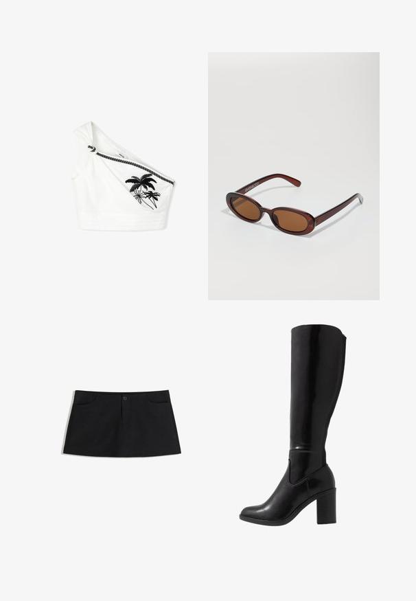 Witte katoenen crop top met één schouder, met een geknoopt detail en zwarte palmboom borduursels. Gestructureerde stof met horizontale stiksels.; Zwarte, knielange rok van zacht materiaal. Beschikt over twee voorzakken en een enkele knoopsluiting op de taille.; Knee-high zwarte glanzende haklaarzen met een ronde neus, een gladde textuur, zijuitsnijding en een chunky gestapelde hak.; Ronde, bruin getinte zonnebril met een glanzend bordeauxrood frame. Slanke pootjes met subtiele merkdetails. Vlakke lensontwerp.; Bruine leren handtas met een gebogen vorm, zilverkleurige hardware en twee ritszakken aan de voorkant. Inclusief verstelbare schouderband.
