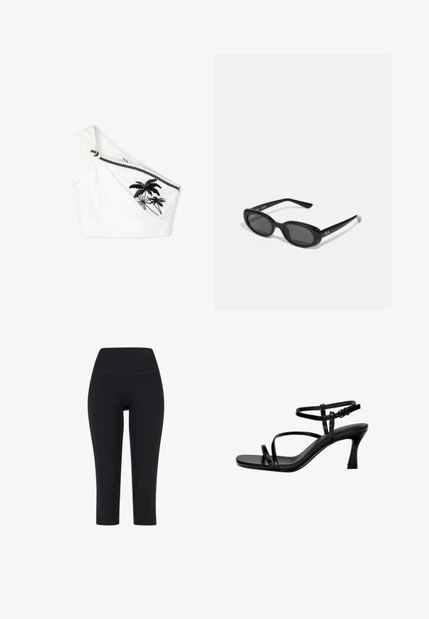 Witte katoenen crop top met één schouder, met een geknoopt detail en zwarte palmboom borduursels. Gestructureerde stof met horizontale stiksels.; Zwarte driekwart leggings van rekbare stof, met een hoge tailleband en zonder zichtbare patronen of hardware.; Zwarte leren sandaaltjes met hak, voorzien van dunne bandjes, een vierkante teen en een stilettohak. Verstelbare enkelband voor de juiste pasvorm. Glad textuur.; Zwarte zonnebril met ovale lenzen, glanzend kunststof montuur en slanke armen. Bevat het Ray-Ban-logo in het wit aan de zijkant.; Zwarte synthetische schoudertas met een gebogen silhouet, textuurafwerking, gouden driehoeklogo en afneembare hardwareaccenten.