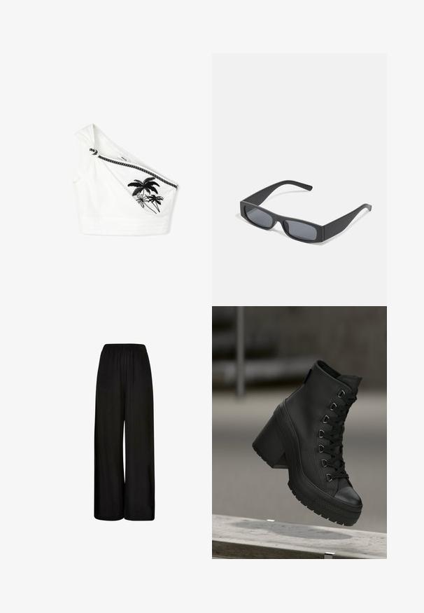 Weißes Baumwoll-Crop-Top mit einem Schulterträger, mit geknotetem Detail und schwarzer Palmenstickerei. Strukturiertes Gewebe mit horizontalen Nähten.; Schwarze weite Hose aus weichem Stoff, mit elastischem Bund und glatter Oberfläche. Keine sichtbaren Muster oder Akzente.; Schwarze hohe Plateau-Stiefel mit einer strukturierten Lederoberfläche, vorderer Schnürung und klobigem Absatz. Verfügt über eine Gummisohle mit ausgeprägtem Profil.; Schwarze rechteckige Sonnenbrillen mit dunklen Gläsern und dicken matten Rahmen. Die Bügel sind leicht verjüngt und haben eine glatte Oberfläche.