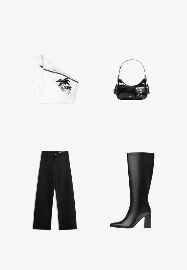 Biały bawełniany crop top na jedno ramię, z węzłem i czarnym haftem palmy. Teksturowany materiał z poziomym przeszyciem.; Czarne dżinsowe spodnie o szerokich nogawkach i wysokim stanie, z przednimi i tylnymi kieszeniami, przeszyciami oraz zapięciem na guziki. Gładka struktura.; Czarne, sięgające kolan botki wykonane z sztucznej skóry, o spiczastym nosku, gładkiej fakturze i masywnym obcasie. Minimalistyczny design bez widocznych akcentów.; Czarna torebka z lakierowanej skóry o zaokrąglonym kształcie, z jednym paskiem na ramię, przednimi kieszeniami i akcentami w kolorze srebrnym.