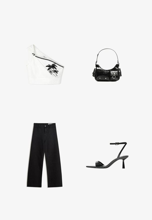 Cropped top bianco in cotone con una spalla, caratterizzato da un dettaglio annodato e ricamo di palme nere. Tessuto testurizzato con cuciture orizzontali.; Pantaloni in denim neri a gamba larga con vita alta, dotati di tasche anteriori e posteriori, cuciture a punto, e chiusura con bottone. Texture liscia.; Bershka Sandali con tacco - black; Borsa a spalla in vernice nera con forma curvata, una tracolla, tasche frontali e dettagli in metallo argentato.
