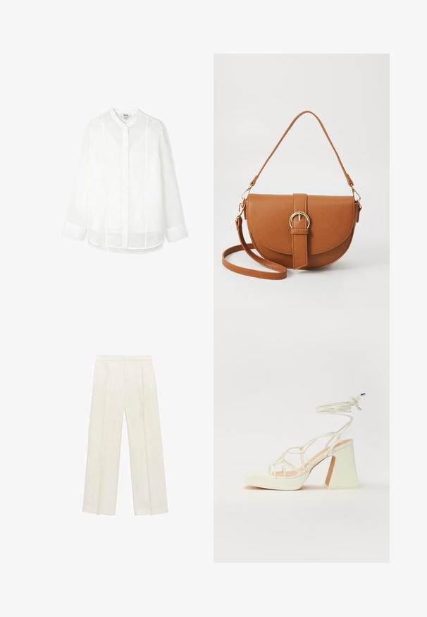 Camicia bianca in lino con colletto alla cinese, chiusura frontale con bottoni e maniche lunghe. Presenta sottili dettagli di cucitura verticale.; Pantaloni a gamba larga di un leggero colore crema. Realizzati in un tessuto morbido con pieghe sul davanti e tasche laterali.; Sandalo bianco con tacco alto, caratterizzato da un design a cinturini e un legaccio alla caviglia. Texture liscia con una piattaforma frontale per un'altezza aggiuntiva.; Borsa a tracolla in pelle marrone con forma curvata, hardware dorato e un dettaglio con fibbia. Presenta una tracolla rimovibile.