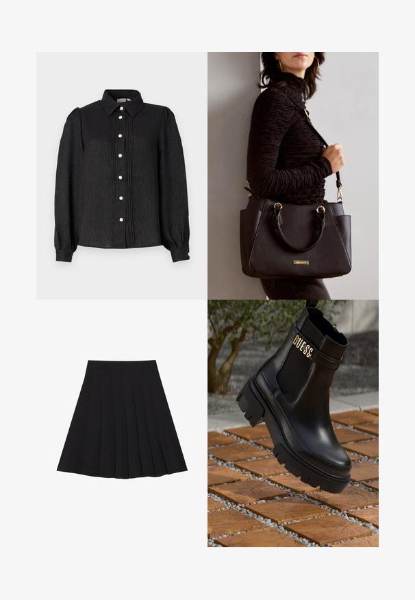 Black collared button-up shirt with textured fabric, featuring vertical pleats and pearl-like buttons along the front and cuff accents.; Black pleated skirt made of textured fabric with a fitted waistband. Falls to knee length, featuring a smooth, clean silhouette.; Black leather ankle boot featuring a chunky rubber sole, elastic side panels, and a gold accent with "GUESS" branding.; Black handbag with textured surface, dual top handles, and adjustable shoulder strap. Features gold-tone hardware and side pockets.