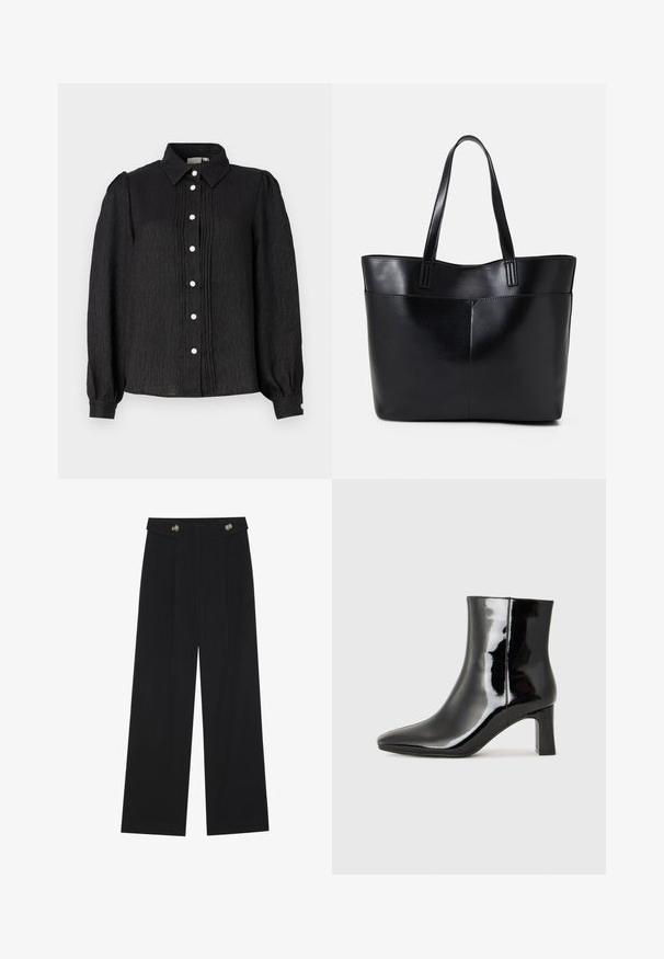 Black collared button-up shirt with textured fabric, featuring vertical pleats and pearl-like buttons along the front and cuff accents.; Black wide-leg trousers with high waist, button details on waistband, and front pleats.; Black patent leather ankle boot with a pointed toe and a mid-height block heel. Smooth texture and minimalist design.; Black leather tote bag with two long handles, a smooth texture, and a structured shape. Features a front pocket for additional storage.