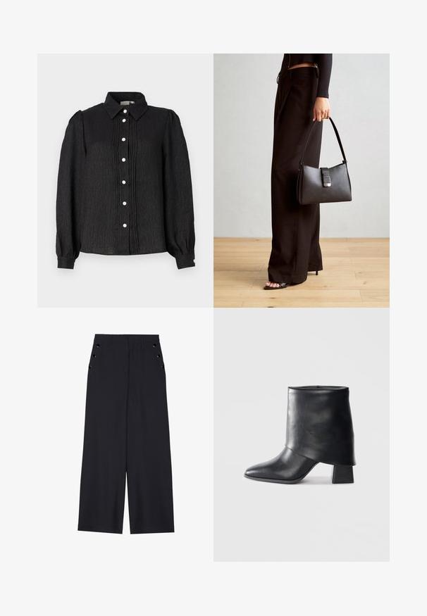Svart skjorte med krage og knapper, laget av teksturert stoff, med vertikale folder og perleaktige knapper langs fronten og på mansjettene.; Bredde benbukser i mørk marinefarge, med en jevn tekstur, frontfalter og dekorative gullfargede øyespenner på sidelommene.; Sorte lær ankle boot med spiss tå, glatt tekstur og en strukturert blokkhæl. Har et høyt, brettet mansjett-design.; Svart håndveske med strukturert form, jevn tekstur og metallisk lås. Kombinert med brede svarte bukser og sandaler med åpen tå på tregulv.