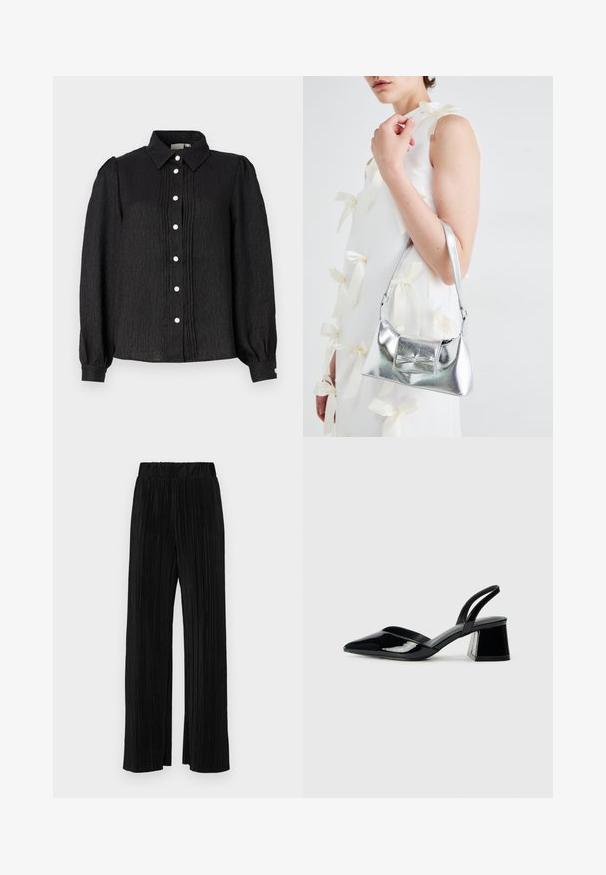 Juodas priekyje sagsčiu aptrauktas marškinis su tekstūruota medžiaga, turintis vertikalias raukšles ir perlų tipo sagas priekyje bei ant rankovių akcentų.; Juodi plisuoti kelnės su elastine juosta. Turėkite plačias kojas ir glotnų, tekstūrinį audinį su vertikaliais dryžiais.; Juodos lakuotos odinės šlepetės su smailiu pirštu ir geometriniu bloko kulnu. Turi elegantišką, minimalistinį dizainą ir lygų paviršių.; Sidabrinė metalinė rankinė su struktūrizuota forma, turinti viršutinę rankeną ir kaspiną priekyje. Lygi tekstūra, atspindinti apdaila.