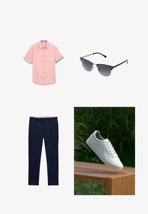 Camicetta corta rosa chiaro con taschino, bordo blu a contrasto sulle maniche, chiusura con bottoni e tessuto texturizzato.; Pantaloni blu navy con vestibilità slim e motivo a righe sottili. Presentano una chiusura con zip, passanti per cintura e tasche frontali. Tessuto dalla texture liscia.; Sneaker bianco con lacci sospeso sopra una panchina di legno, con fogliame verde sullo sfondo, che mette in mostra il design e la texture della scarpa.; Occhiali da sole neri e argento con forma a occhio di gatto, lenti sfumate e dettagli metallici sulla montatura. Aste in plastica con punte grigie.