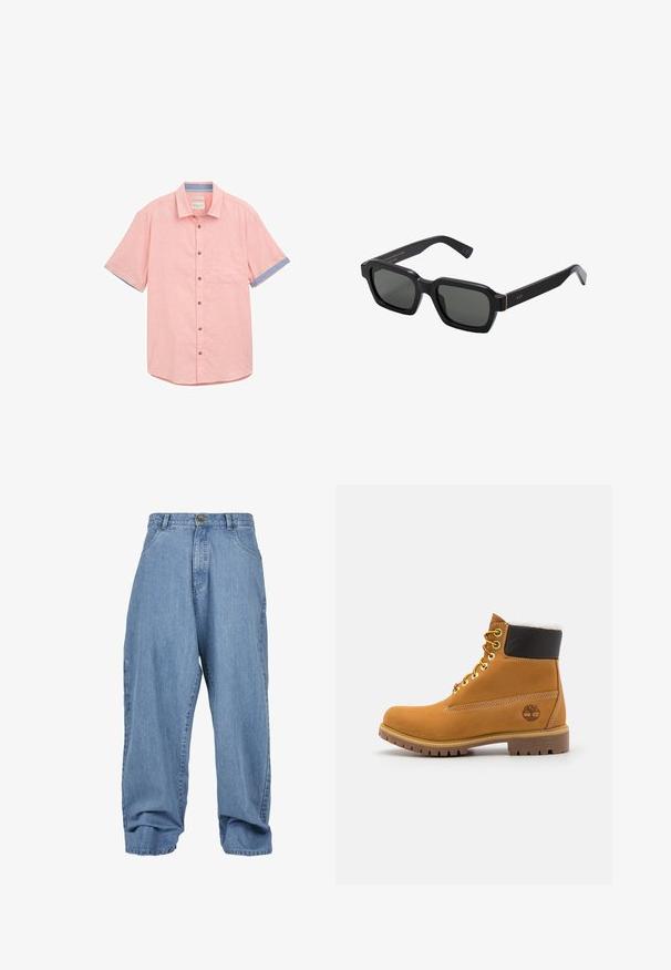 Helles rosa Kurzarmhemd mit einer Tasche, kontrastierender blauer Borte an den Ärmeln, Knopfverschluss und strukturiertem Stoff.; Hellblaue Jeanshosen mit lockerem Schnitt, Knopfverschluss, frontalen Taschen und umgeschlagenem Saum, ausgestattet mit einem klassischen Fünf-Taschen-Design.; Braune Leder-Ankle-Boots mit Metallösen, weißem Kunstfellfutter, schwarzem gepolstertem Kragen, robustem Sohlenprofil und geprägtem Logo an der Seite.; Schwarze, quadratische Sonnenbrillen mit grauen Gläsern. Dicke Kunststoffrahmen verfügen über goldene Akzente und Branding an den Schläfen. Glatte Textur.