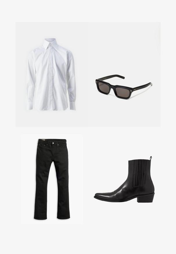 Camicia bianca a maniche lunghe in tessuto morbido, con colletto classico, chiusura con bottoni e logo ricamato discreto in basso a sinistra.; Jeans in denim nero con design a gamba dritta, cinque tasche, chiusura con bottone metallico e dettagli di cucitura sottili. Tessuto liscio e colore solido.; Stivale alla caviglia in pelle nera con punta affusolata, pannelli laterali elasticizzati, accenti di cuciture verticali e tacco a blocco basso.; Occhiali da sole neri rettangolari con lenti scure, montatura spessa in plastica, dettagli dorati sulle tempie e logo del marchio inciso sull'asta.