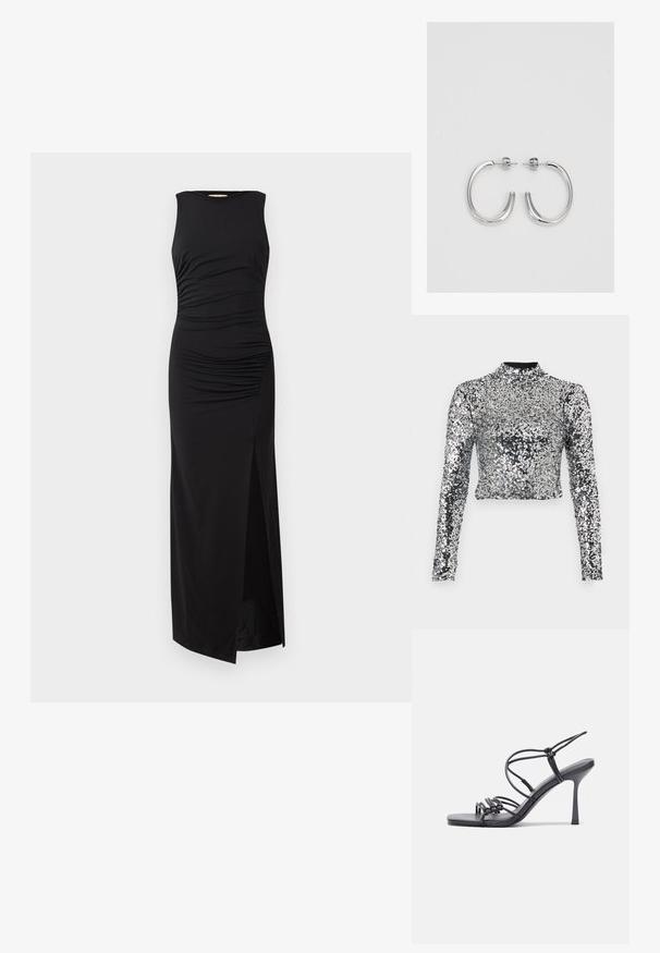 Cropped long-sleeve top made of silver sequins with a high neckline. The fabric is shiny with a textured surface, reflecting light.; Black sleeveless maxi dress featuring ruched detailing at the bodice and a thigh-high slit on one side. Made from smooth, stretchy fabric.; Black high-heeled sandals feature thin straps with a knotted design, a smooth square toe, and a sleek stiletto heel.; Light gray metallic handbag featuring a chain strap, embellished with small circular metallic studs and a triangular brand logo.; Silver hoop earrings with a smooth, shiny surface, featuring a curved shape and post-back closure. Minimalist design with a modern finish.