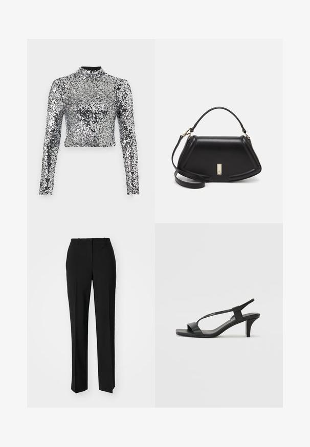 Kuttet langermet topp laget av sølvpaljetter med høy hals. Stoffet er blankt med en teksturert overflate som reflekterer lys.; Sorte skreddersydde bukser med rett silhuett, med en glatt tekstur og klare pressede bretter foran. Ingen synlig maskinvare.; Svarte hæl-sandaler med et slankt stroppedesign, firkantet tå og en mellomhøy blokkheel. Laget av glatt lær med en matt finish.; Sort lærveske med en strukturert design, som har en avkortet form, topphåndtak og detaljer i gull. Justerbar skulderstropp inkludert.