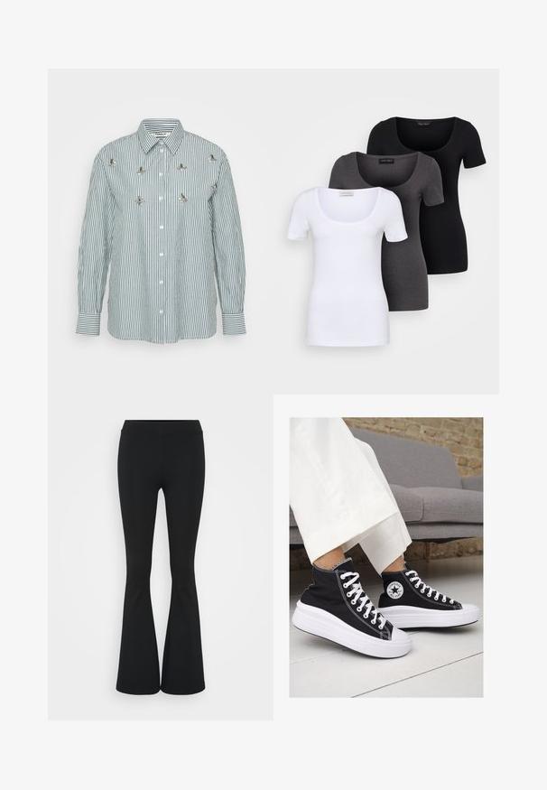 Žalias ir baltas dryžuotas ilgarankovis marškinis su vertikaliais dryžiais, mygtukų priekyje ir dekoratyviniais metaliniais gėlių akcentais.; Trys priderinti marškiniai: balti, pilki ir juodi. Kiekvienas turi plačią apvalią iškirptę ir trumpas rankoves. Pagaminti iš lygaus, tamprių audinio.; Juodai platėjantys kelnių, pagamintų iš tamprių medžiagų, kurie turi aukštą juosmenį ir lygią tekstūrą. Kelnės platėja nuo kelio.; Juodi kanvasiniai aukšti sportbačiai su baltais guminiais padu ir raišteliais. Šonuose yra apskritas logotipas ir ryški balta siūlė.