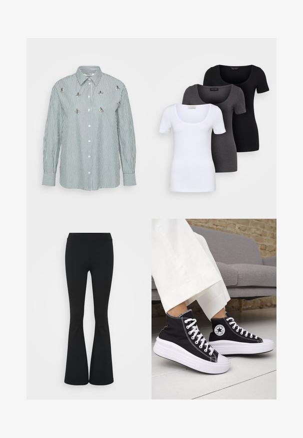 Zöld és fehér csíkos, hosszú ujjú ing, függőleges csíkokkal, gombos elülső résszel és díszített fém virágmotívumokkal.; Három szűkített T-póló fehér, szürke és fekete színben. Mindegyik széles, kerek nyakkal és rövid ujjakkal rendelkezik. Simább, elasztikus anyagból készült.; Fekete harangszárú nadrág, rugalmas anyagból készült, magas derékkal és sima felülettel. A nadrág a térdtől kezdve bővül.; Fekete magas szárú tornacipők fehér gumitalppal és fűzővel. Kör alakú logófolttal és kontrasztos fehér varrással. Vászon anyagból.